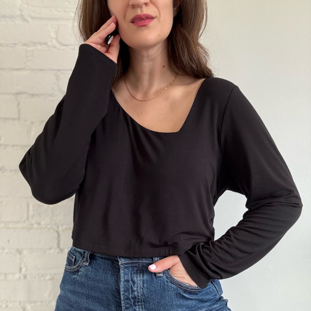 GOOD AMERICAN  Stretch Knit Square Black Long Sleeve Women's Top Size XXL